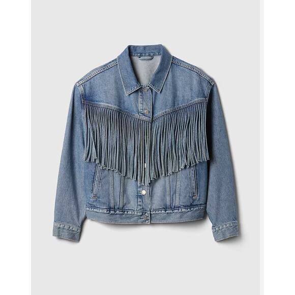 GAP Oversized Denim Fringe Jacket Women’s Small Tall Light Wash Western - Picture 1 of 10